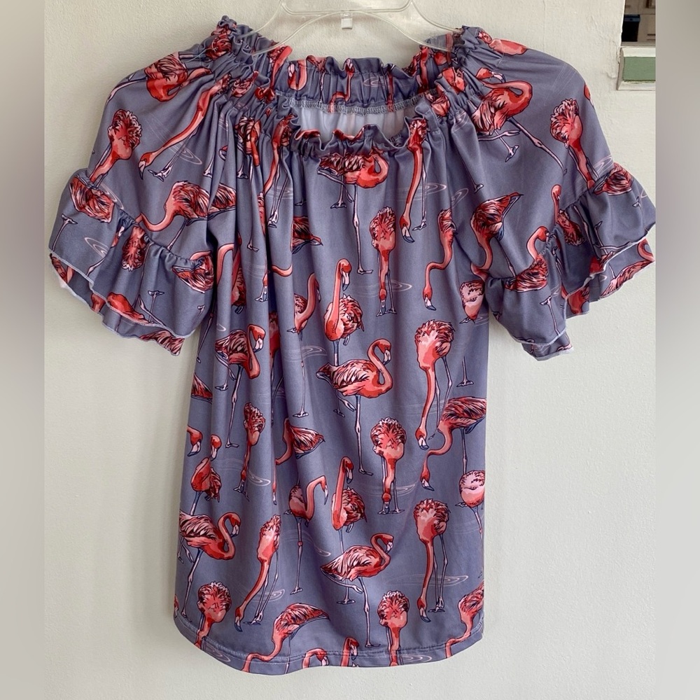 Vintage Women S Winter Flamingo Print Ruffled Blouse Elastic Neck Ruffled Sleeve